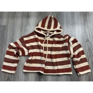 POL Womens Striped Chenille Knit Hoodie Sweater Rust Cream boho Large cozy